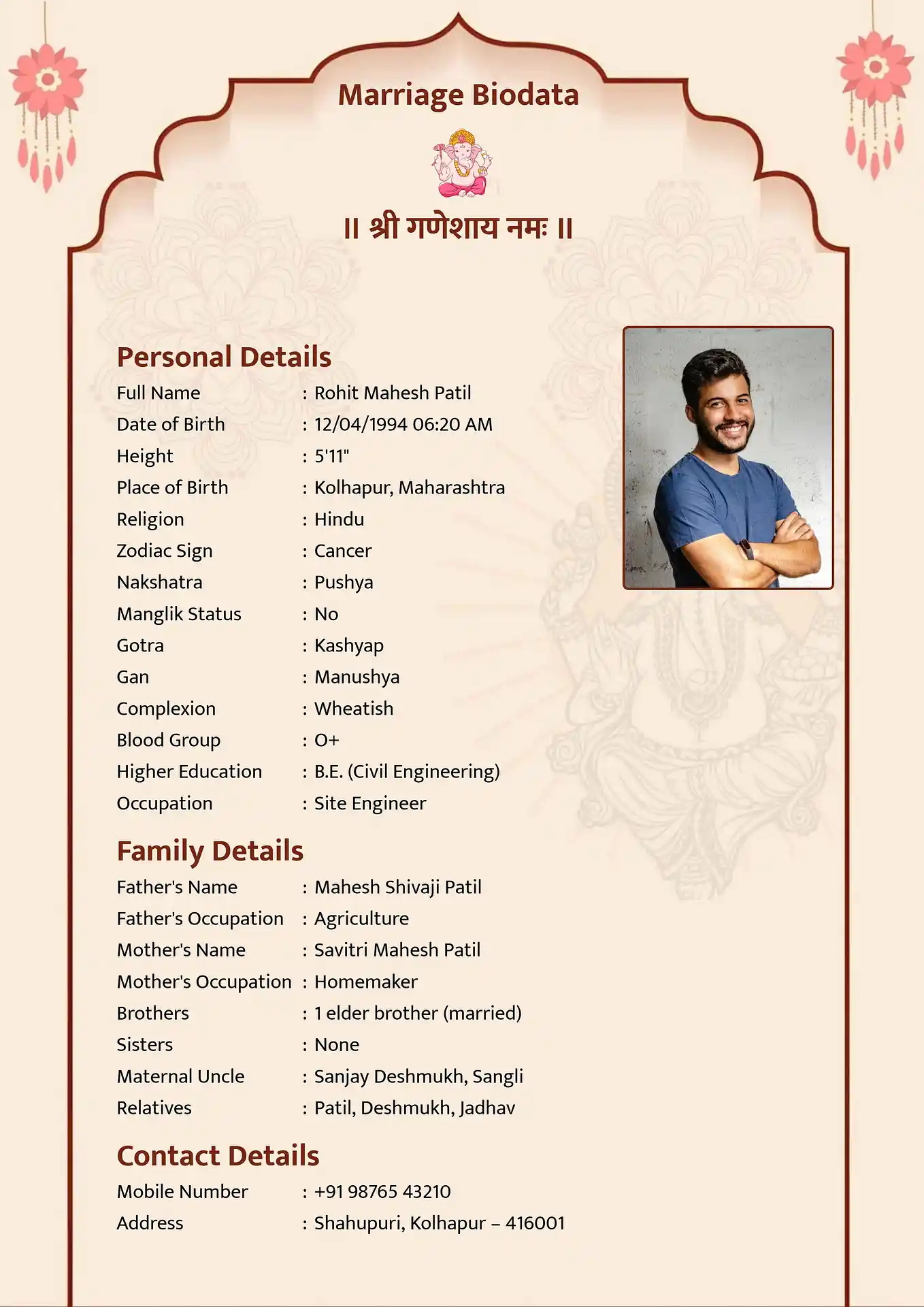 Abstract Temple marriage biodata format template