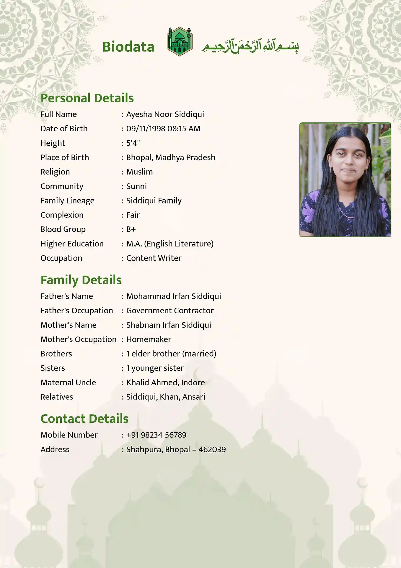 Green 1 marriage biodata format template