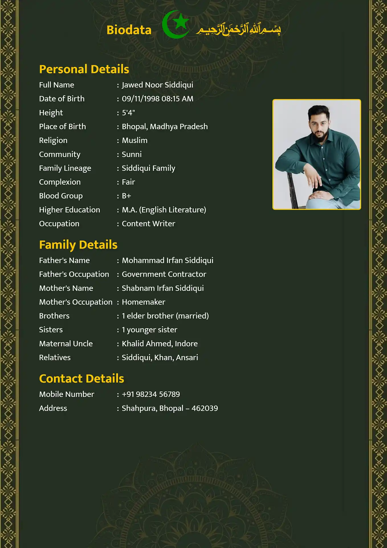 Green 3 marriage biodata format template